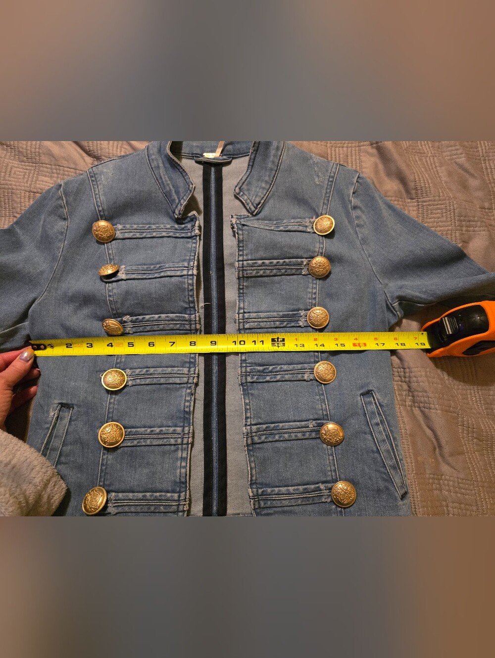 Free People Distressed Denim Military Jacket Gold Buttons Small - Picture 14 of 16